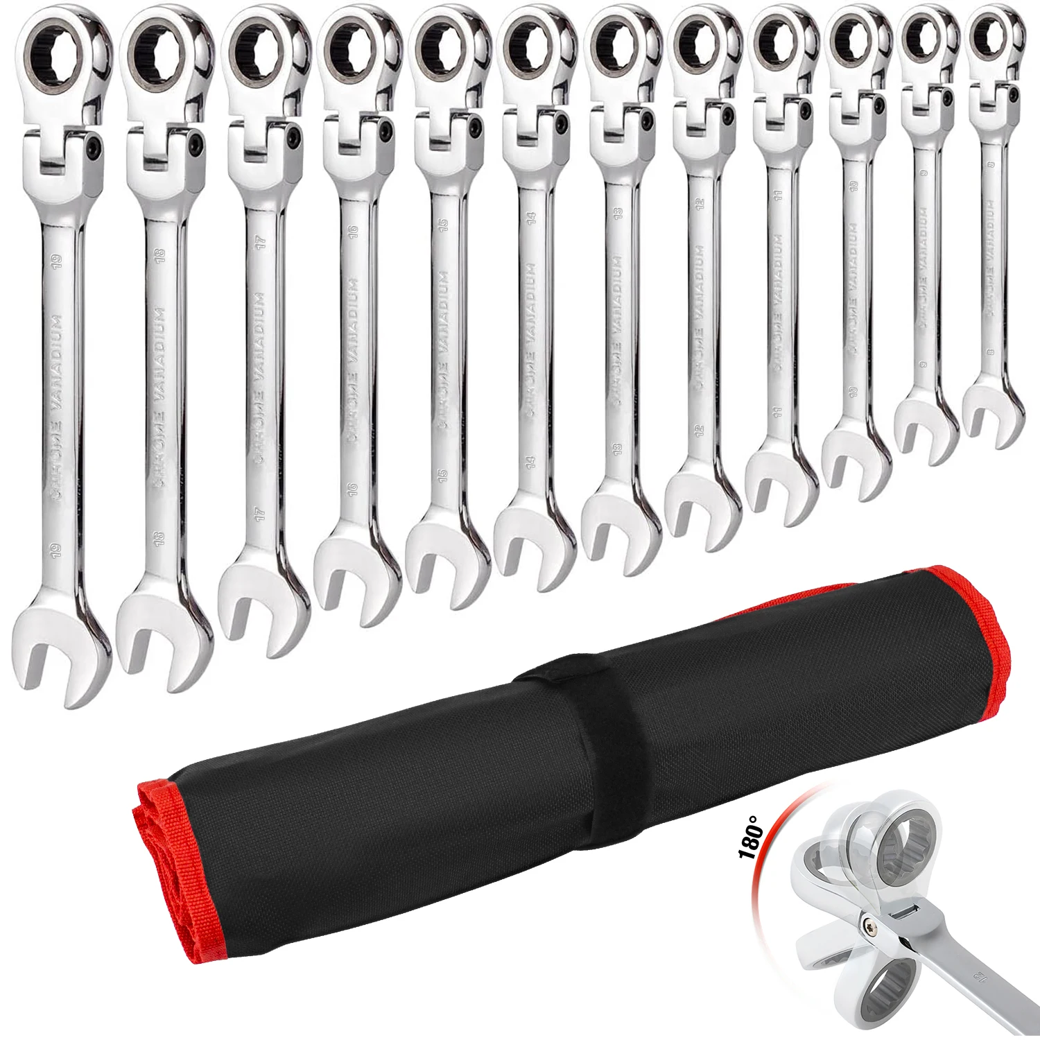 

Flex-Head Ratcheting Wrench Set, Combination Wrench Set, 6-19mm Metric Chrome Vanadium Steel Spanner with Bag