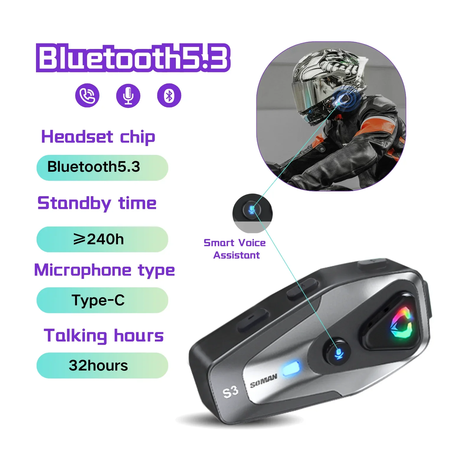 

Soman мотоциклетный шлем гарнитура Bluetooth 5,3 беспроводная IPX6 водонепроницаемая поддержка подключения 2 телефона одинаковые время наушники cascos