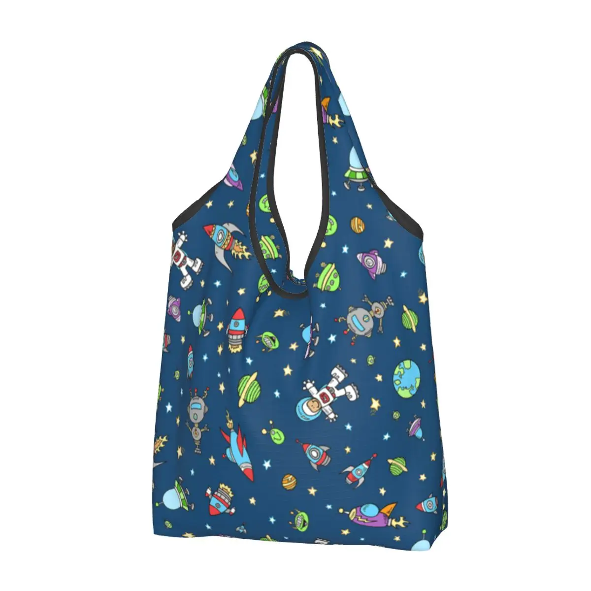 Custom Outer Space Doodle Shopping Bag Women Portable Large Capacity Groceries Universe Astronaut Spaceship Tote Shopper Bags