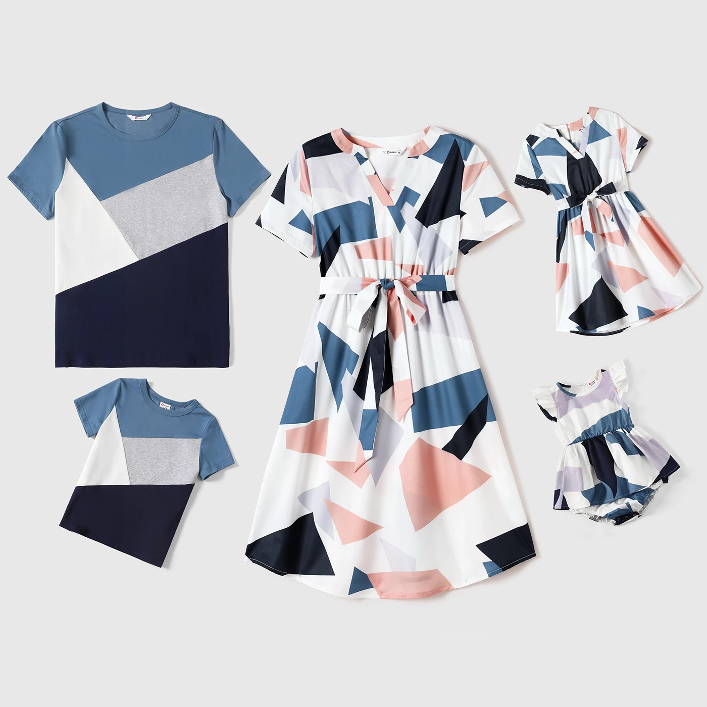 

PatPat Family Matching Allover Geo Print V Neck Belted Short-sleeve Dresses and Colorblock T-shirts Sets