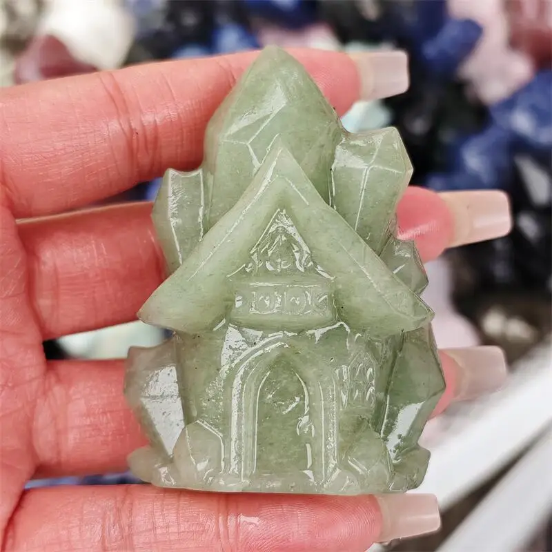 Natural Green Aventurine Blue White Stone Quartz Castle Carving Statue Healing Gemstone Crafts For Children Birthday Gift 1PCS