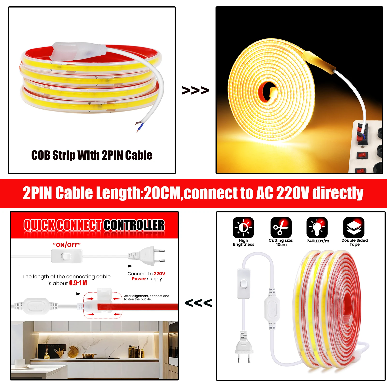 AC 220V COB Strip IP65 Waterproof With EU Switch/2PIN Cable 240Leds/M 3000K 4000K 6000K Flexible Ribbon Rope LED Light
