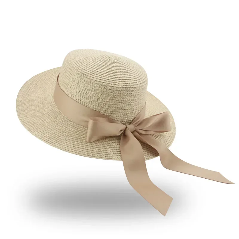 Bucket Hat Beach Summer Straw Hats for Women Flat Top Ribbon Bowknot Elegant Luxury Straw Women Summer Hats Sombreros De Mujer