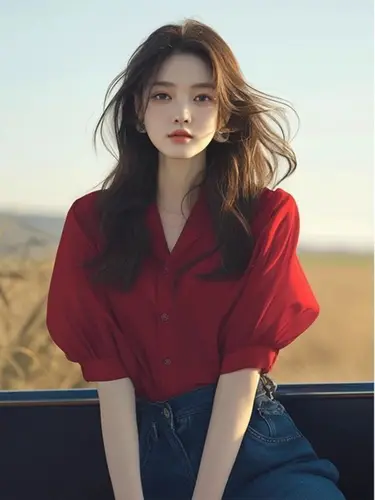 Imagen 2 del producto Nuevo Blusa elegante de manga farol roja de gama alta de estilo francés de verano