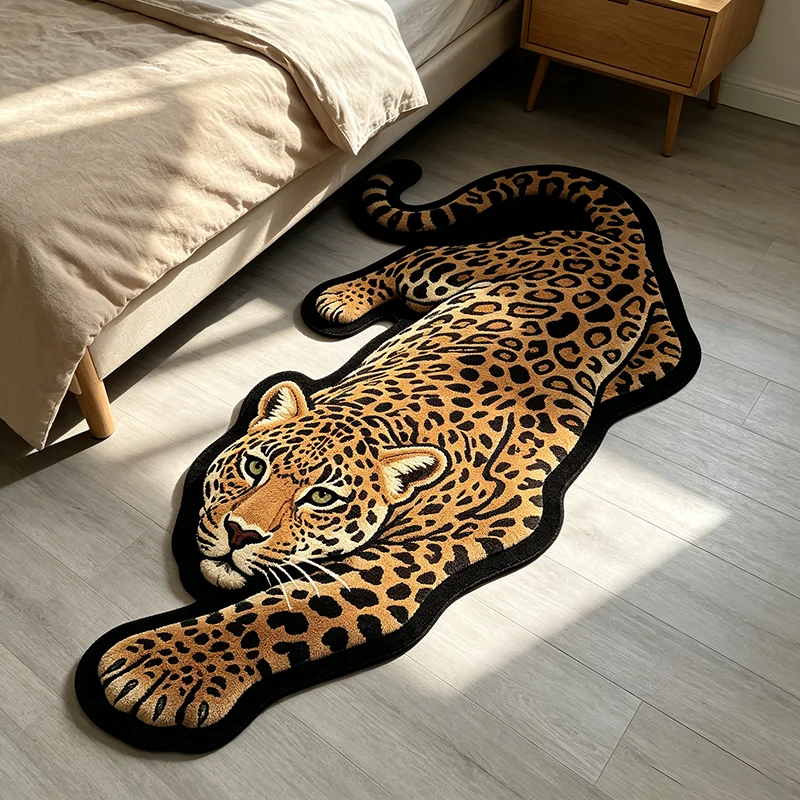 American Retro Wild Style Leopard Shaped Rug Advanced Light Luxury Decor Bedroom Bedside Floor Mat Home Living Room Carpet