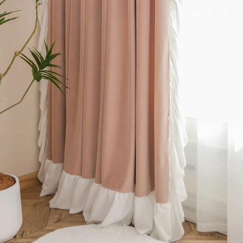 Girl Pink Velvet Curtain French Rococo Vintage Romantic Living Room Bedroom Curtain with Ruffled Warp