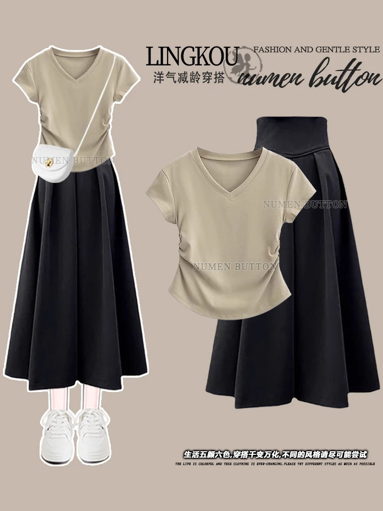 Ele plus Size Summer Outfit Women's  Color V-Ne ort Sve T-irt with Slimming Midi Skirt Two-Piece Set