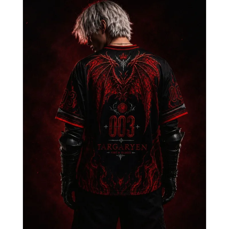 Men Targaryen Dragon 003 Print Mesh Jersey Y2K Dark Fantasy Gothic Streetwear Oversized Sport Tee Breathable Quick Dry Shirt