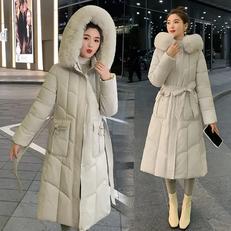 2024 Winter New Women\'s Long Down Cotton Jacket Fur Collar Hooded Puffy Coat Warm Parker Overcoat Female Casual Jackets