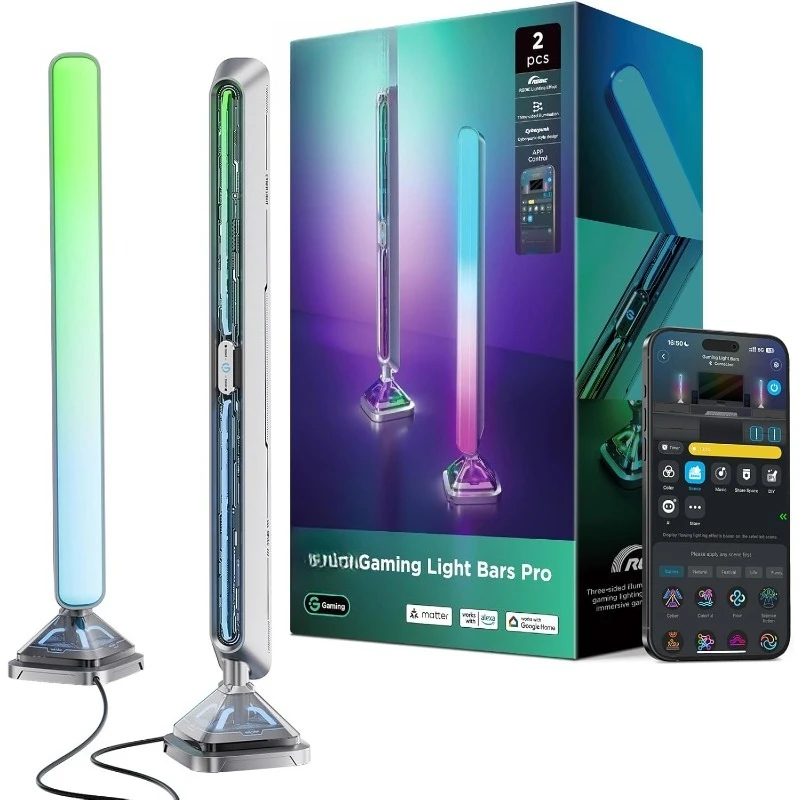 

Gaming Light Bars Pro, Upgraded 16-Inch Smart Triple-Sided RGBIC Illumination Wi-Fi LED Gaming Lights, Music Sync & 60+ Sc
