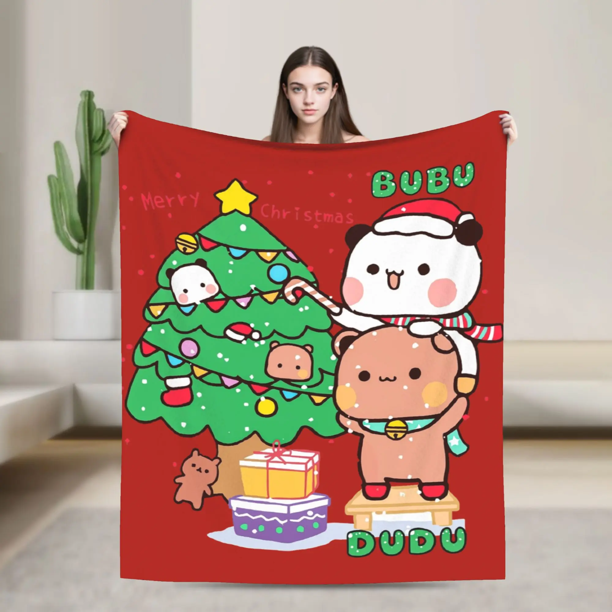 Bubu and Dudu Merry Christmas Tree Flannel Blanket  Warm Soft Throw Blanket for Couch Chair Airplane Print Sofa Bed Cover
