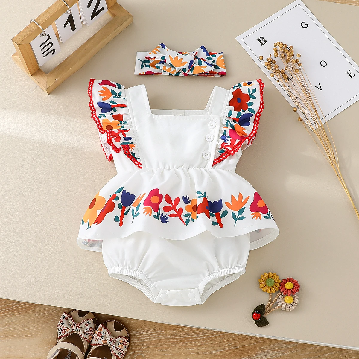 

Two Pieces Baby Girls Summer Square Collar Printing Floral Fashion Ropmer For Newborn Items 0-1Y Vacation Jumpsuit +Headband
