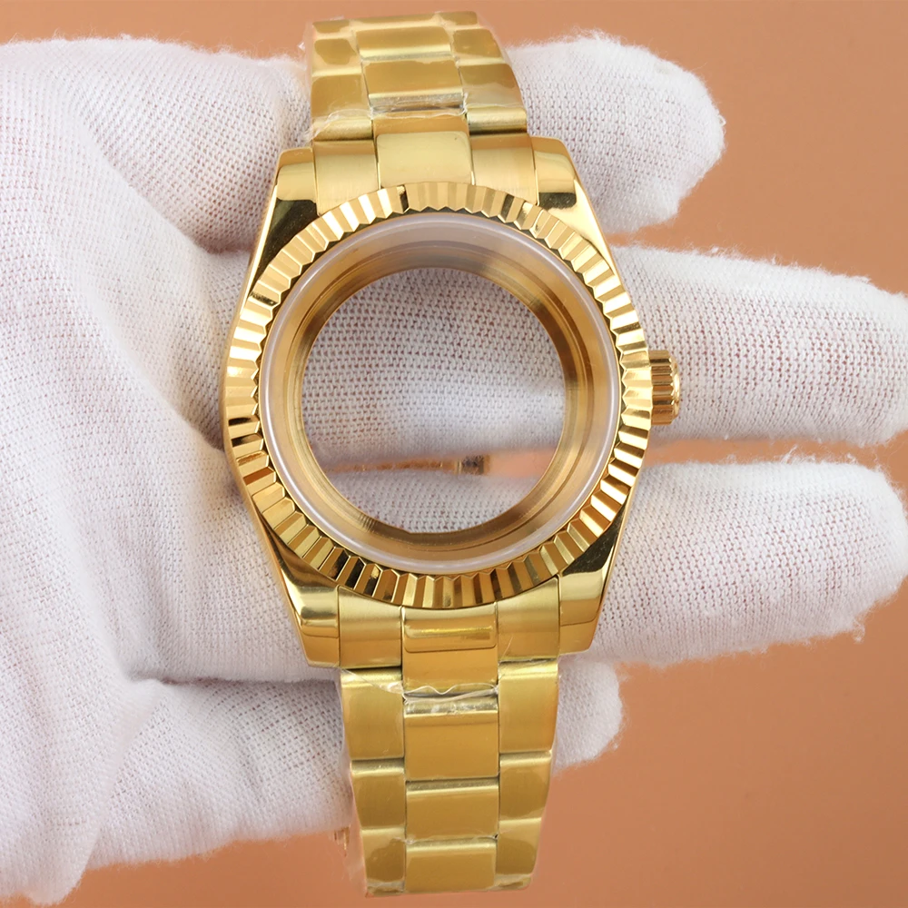 Gold NH35 36mm 39mm Case Polish Oyster Bracelet Strap Solid Stainless Steel 10ATM Waterproof Watch Case Fit NH35 NH36 Movement