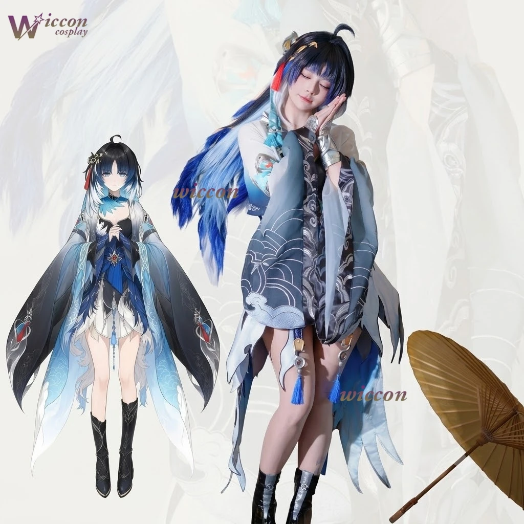 Парик для косплея Wuthering Waves Yangyang Mystic Plume Xuanling, черно-сине-белый градиентный, с перьями по краю, в стиле Swift Blade, полный комплект, на Хэллоуин