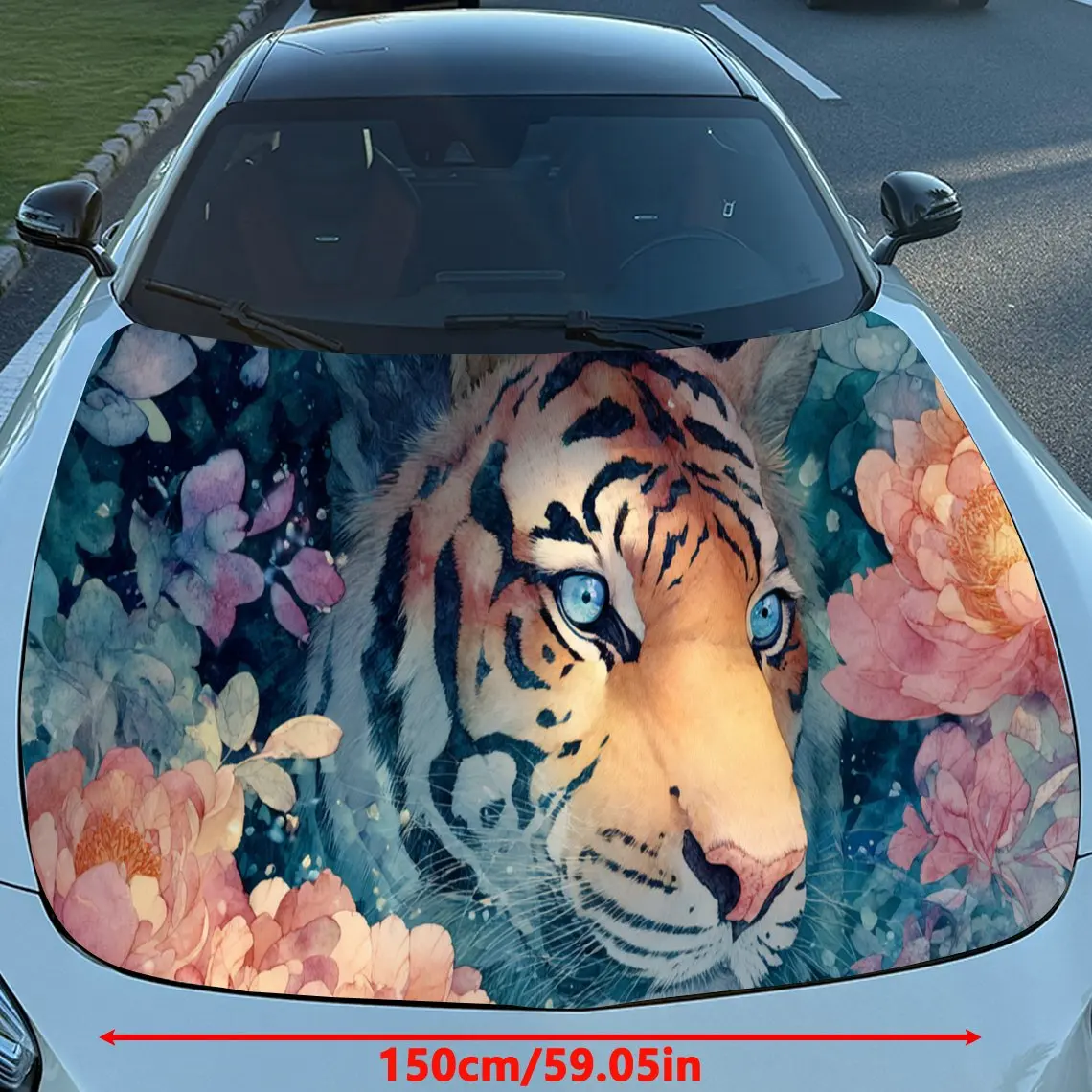 Dynamic Blooming Floral Tiger Car Vinyl Wrap, PVC Waterproof Car Hood Sticker, Self-Adhesive Scratch-Resistant Stickers for Engi