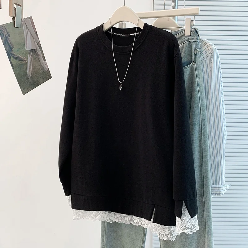 

Осень-зима Thiened Lace Splicing Warm Base irt Корейский Sle Универсальный дизайн для похудения Ci Commuting Long Sve круглый...