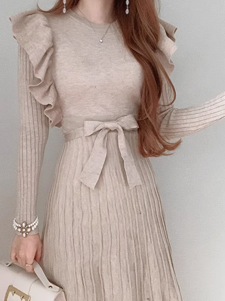 Vestido F de Tricô com Bainha de Renda cada, Cintura Marcada com Cinto, Camada Base, Saia Midi, Estilo Coreano, Go...