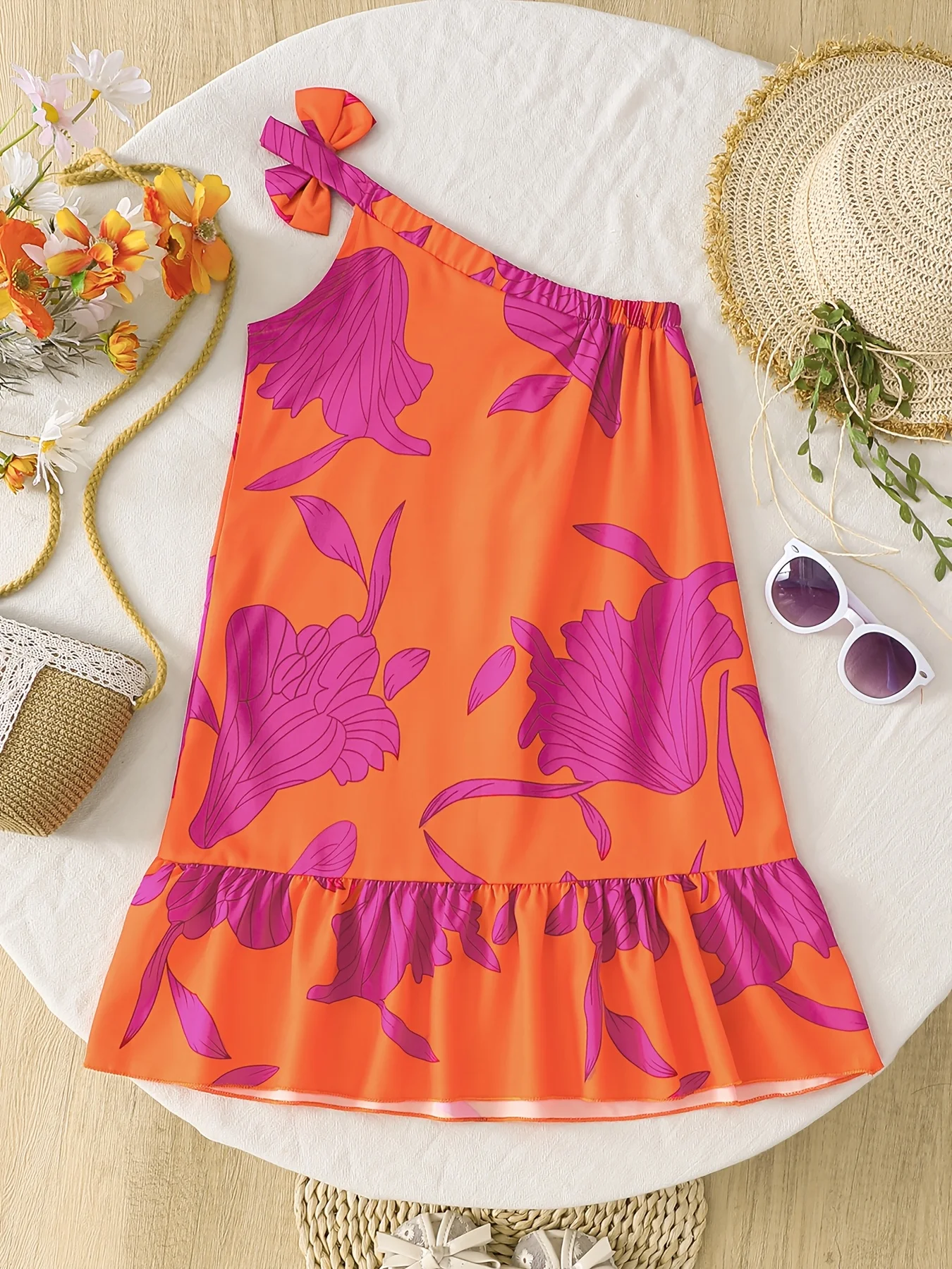 Girls' Casual Dress, Children's Floral Print Dress with Off-Shoulder Design, Fashionable and Versatile, Suitable for Girls Aged 4-12