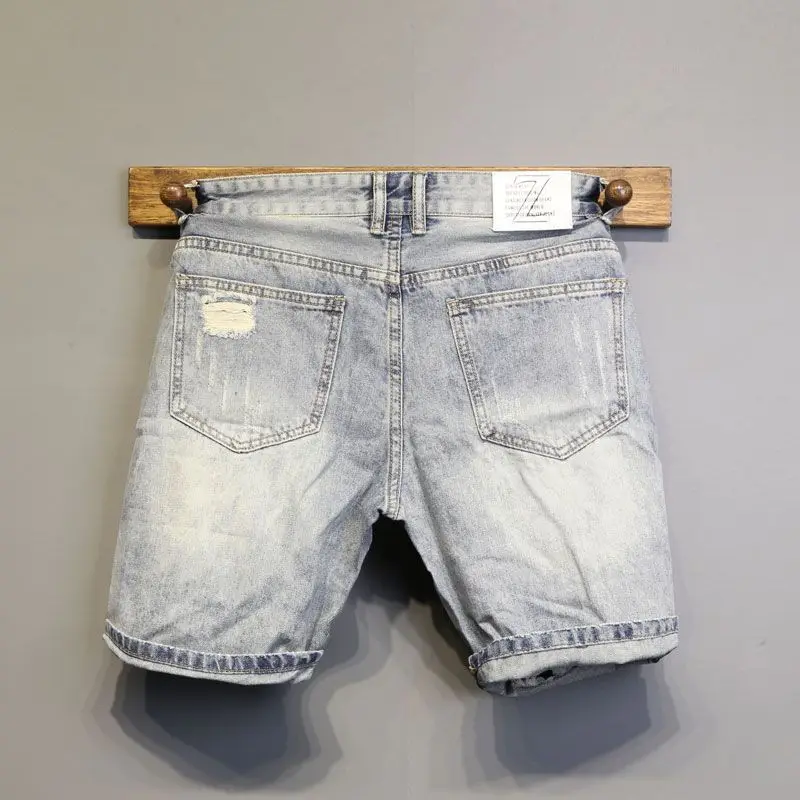 Original Summer New Blue Cat Whisker Patch Slim Denim Shorts Men's Trendy Fashion Five-point Pants Ripped Hole Mens Short Jeans