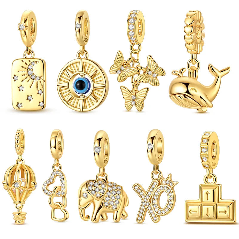

925 Sterling Silver Golden Charms Bead Blue Eye Elephant Butterfly Heart Dangle Fit Original Bracelet DIY Women Jewelry