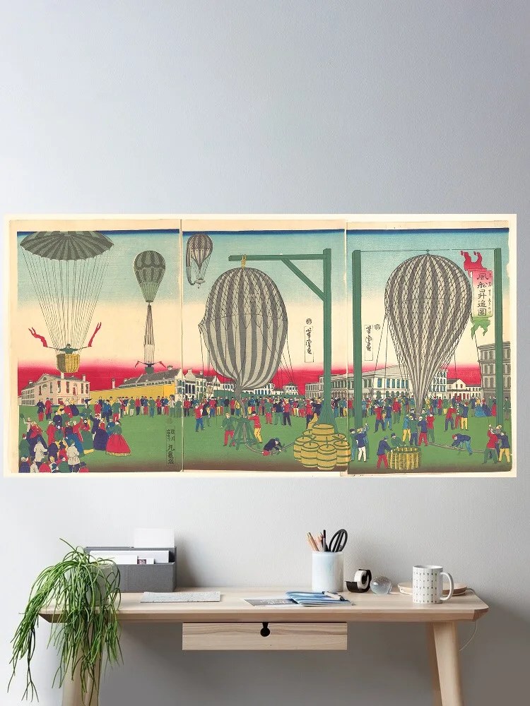 Illustration of a Balloon Ascending (Fūsen shōyō no zu) Utagawa Yoshitora Japanese , Art Print Canvas Poster, Living Room Decor