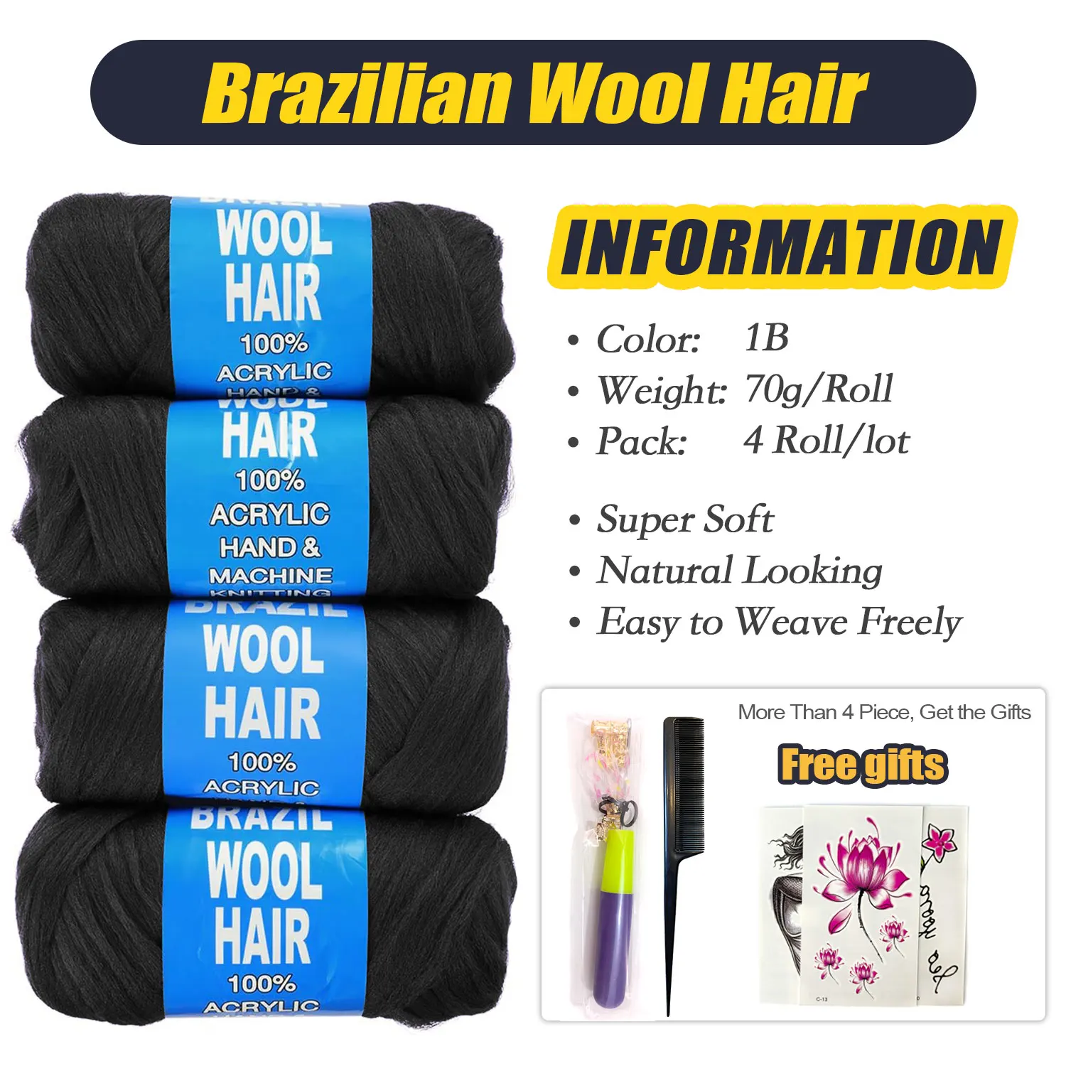 4 6 12 Pcs Synthetic Brazilian Wool Hair Acrylic Yarn 100% Hand Knitting Wool Braiding Hair for African Crochet Hair Jumbo Braid