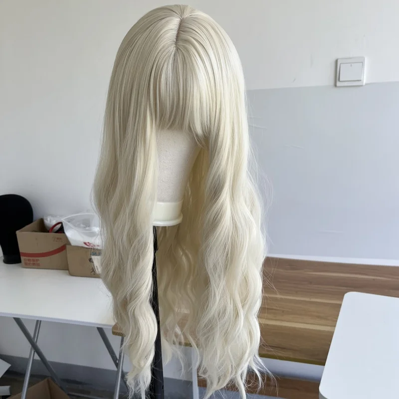 

Термостойкие волосы, платиновая блондинка, костюмный парик с челкой, длинные волнистые