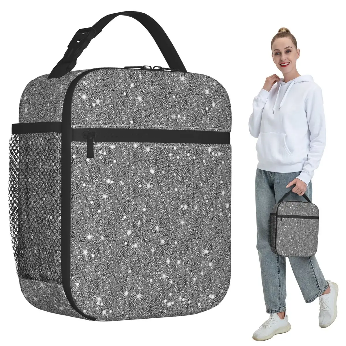 Black Glitter! Insulated Lunch Bag for Women Office Cooler Thermal Food Box Tote Leakproof Lunch Boxes Container