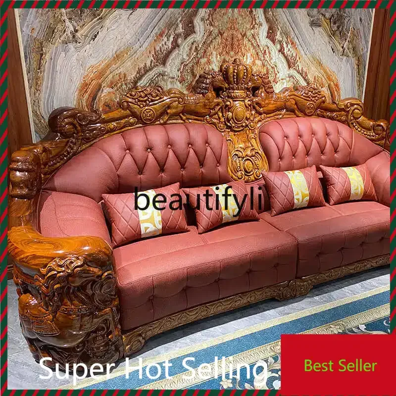 A71 European sofa combination solid wood carving flower first layer cowhide leather horse carving sofa