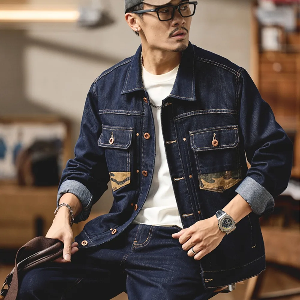 

Spring new vintage plain-color camouflage patchwork workwear denim jacket - versatile, loose-fitting, casual long-sleeved jacket