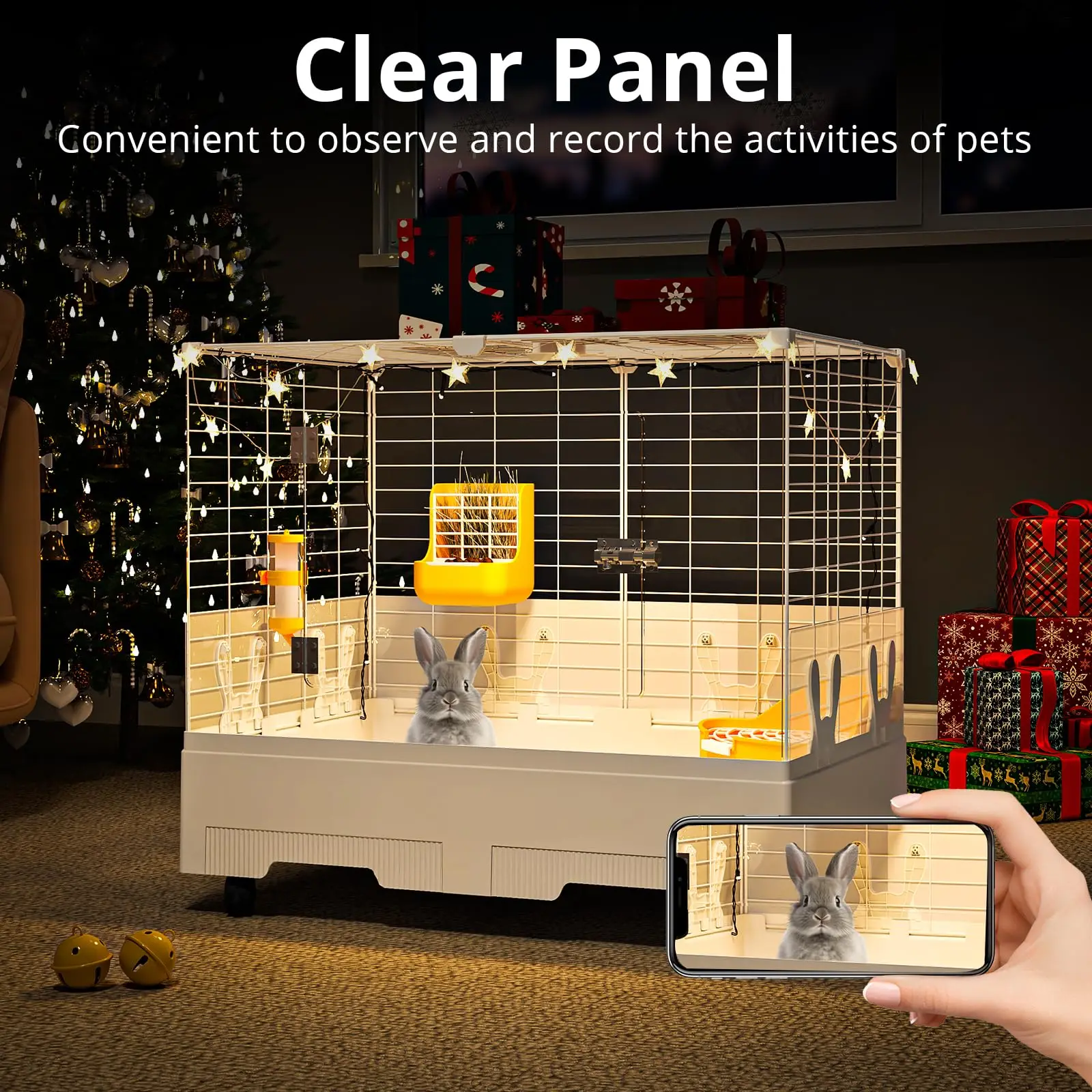 Deluxe Rolling Bunny Hutch with Urine Guard,Small Rabbit Cage with Pull Out Tray,Clear Panel for Recording,Easy to Clean