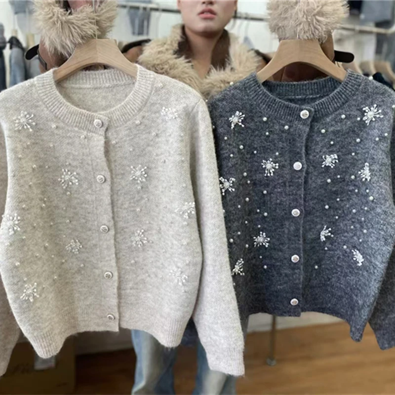 Cardigan perlé flocon de neige français pour femme, pull femme, col rond, tricots polyvalents, haut de veste, vêtements d'automne, nouveau