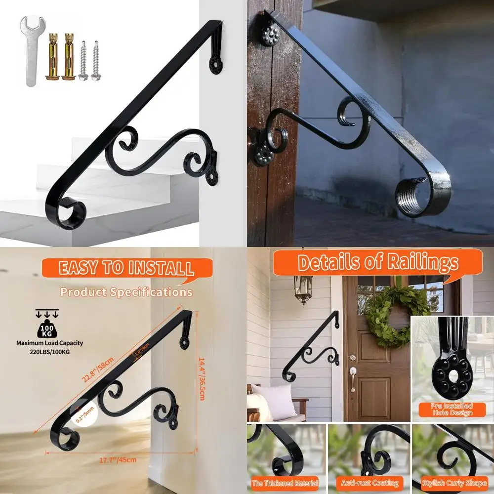 درابزين الشرفة من الحديد المطاوع باللون الأسود لخطوات 1-2، درابزين آخر واحد، 22.8 × 14.4، سكة إمساك آمنة للدرج، مستلزمات الدرج الخارجية #1