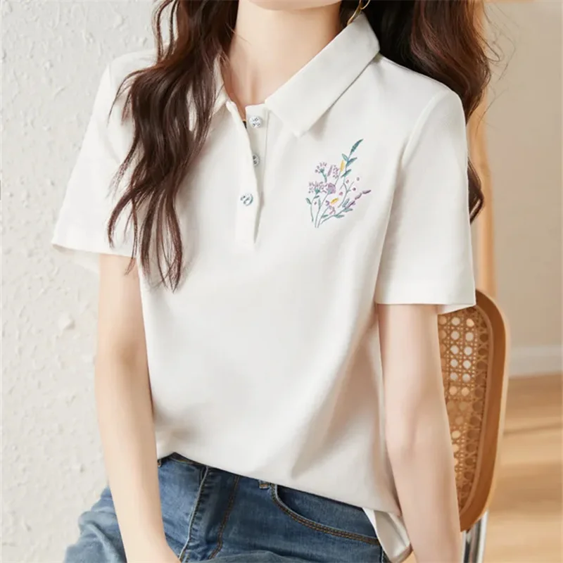 2025 Summer New Female High End Embroidered Flower Short Sleeve Flip Collar T-shirt For Women Half Sleeve Polo Collar Top