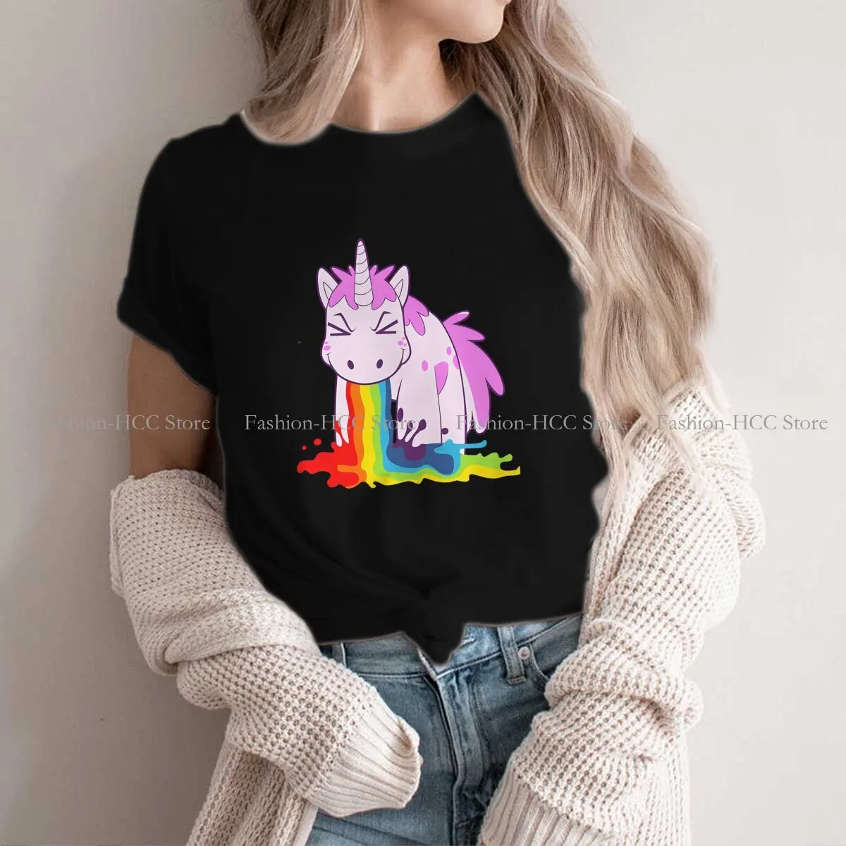 I Puke Rainbows Round Collar TShirt Cute Unicorn Cartoon Original Polyester T Shirt Woman\'s Tops Fashion