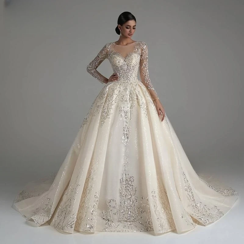 New Elegant Scoop Neck Long Sleeve Champagne Ball Gown Wedding Dress 2023 Luxury Beaded Appliques Sparkly Princess Bridal Gown