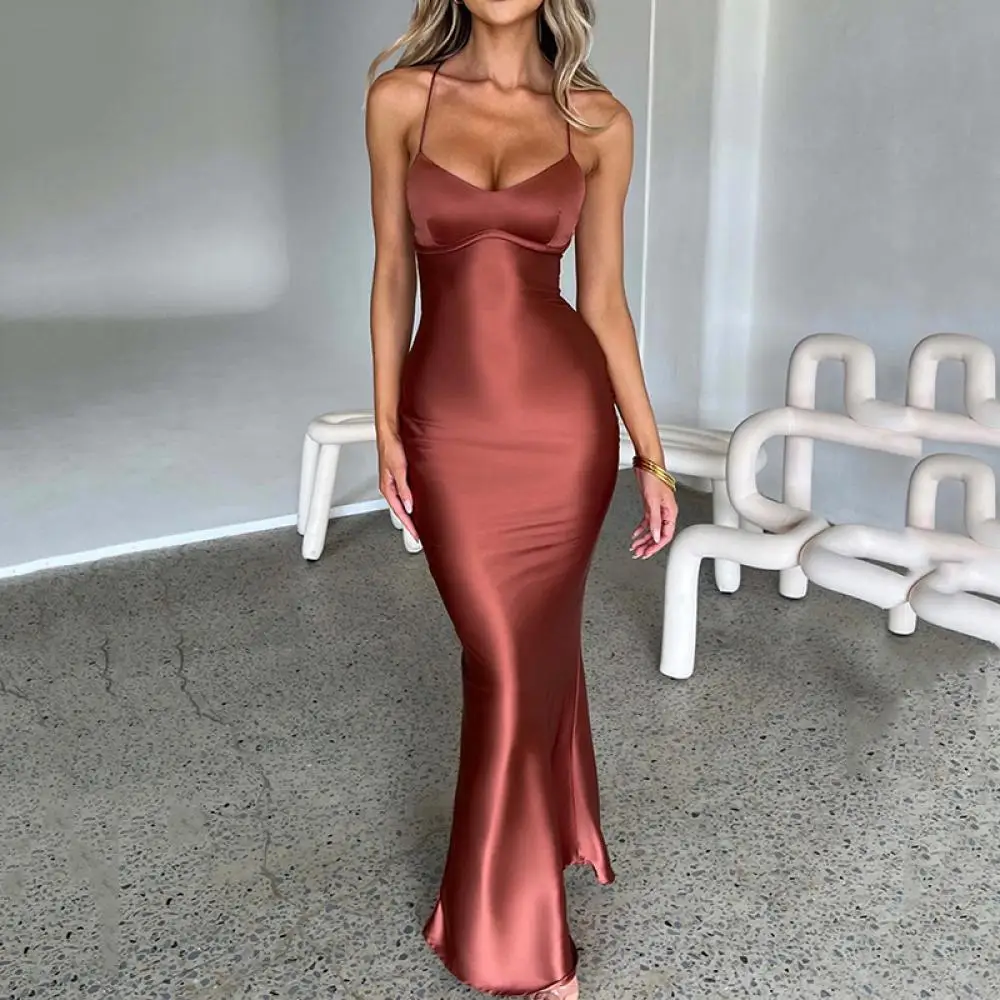 

Women Sexy Backless Dress Suspender Dress Maxi Slip Sheath Long Female Spaghetti Strap Dress Solid Ruched Slim Lady Evening Robe