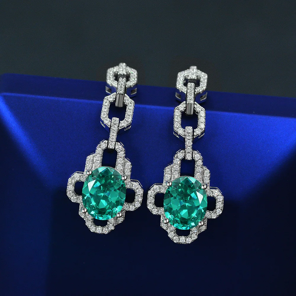 

New 925 Silver 3.5ct Egg Shaped 9 * 11 Synthetic Paraiba Earrings, Luxurious High-end Earrings, Wedding Jewelry