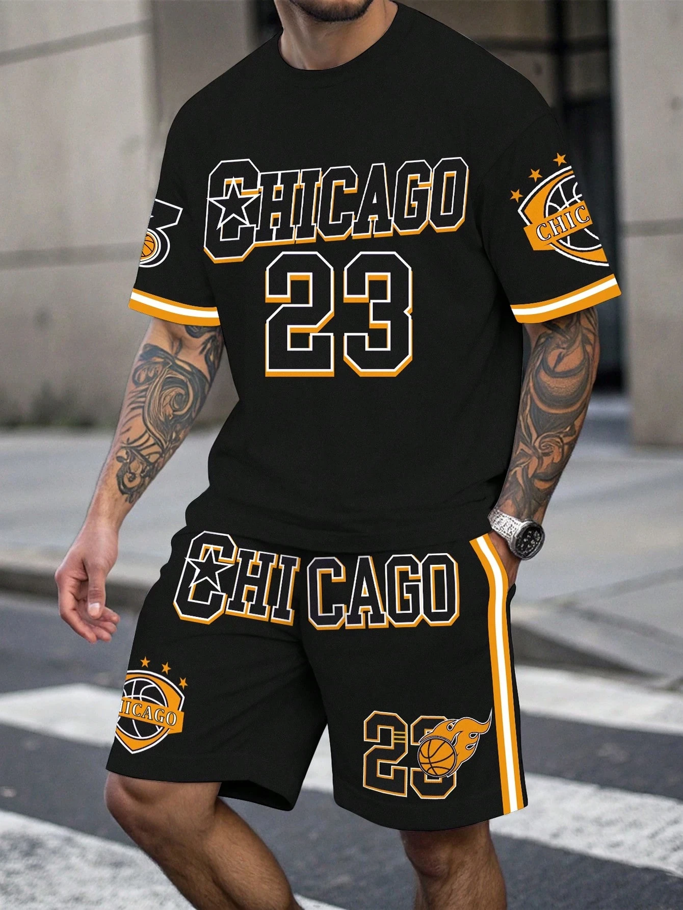 Men's Sports Short Sleeve Top Shorts Set Plus Size Breathable Basketball Sports Clothing Letter Print T-shirt Shorts 2-piece Set