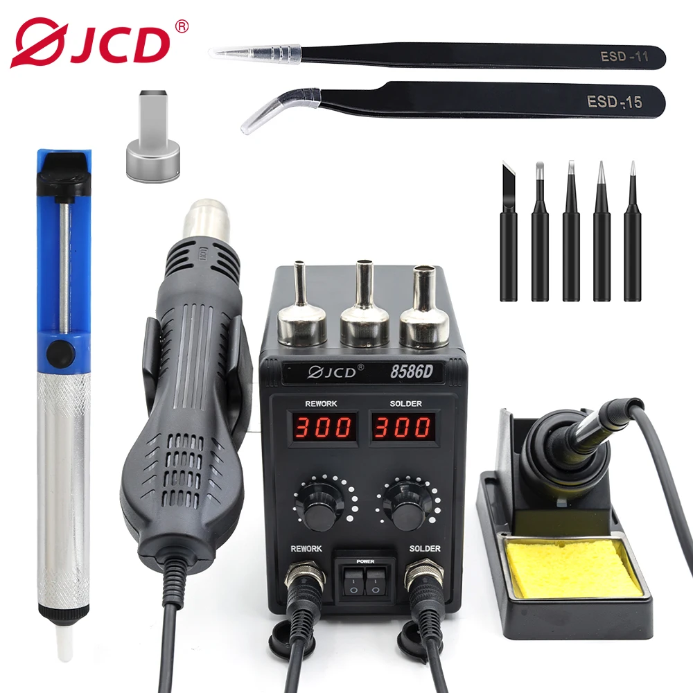 JCD Soldering Station 8586D 2 IN 1 Hot Air Gun Solder Station with 2 Digital display,10-Minute Sleep Mode for SMD Rework 6TK-2