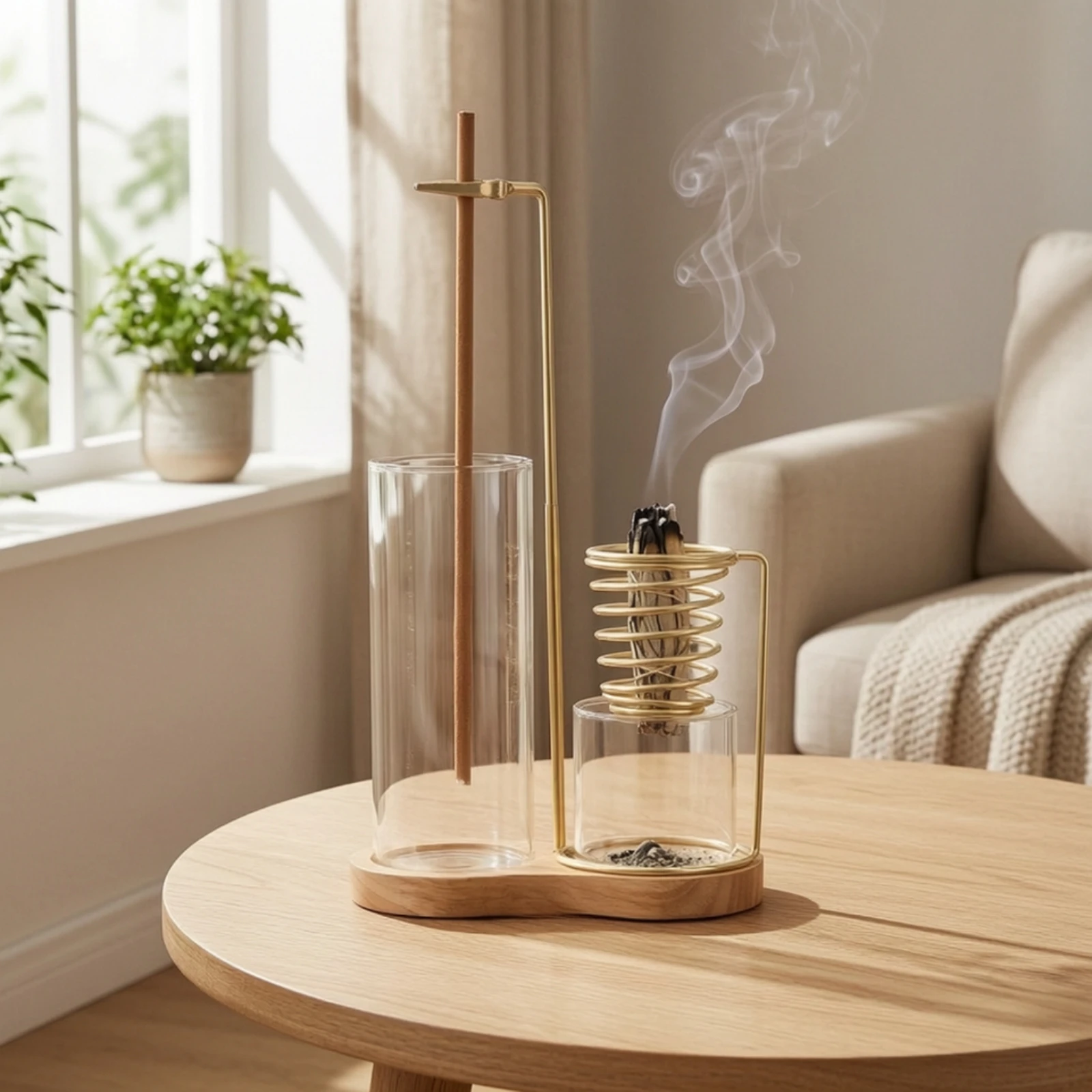 Incense Holder with Glass Cup Elegant Incense Stand with Wood Base Sophisticated Space-Saving for Home Decor, Meditation