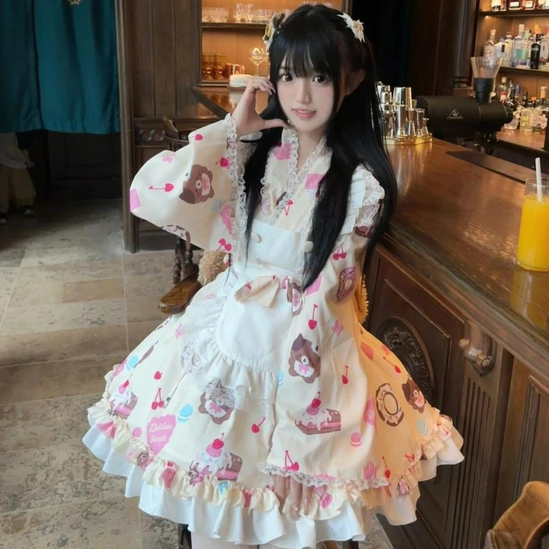 

Japanese Kawaii Lolita Style Kimono Dress Women Sweet Cake Print Bow Princess Party Mini Dresses Y2k Cute Lolita Maid Dress Set