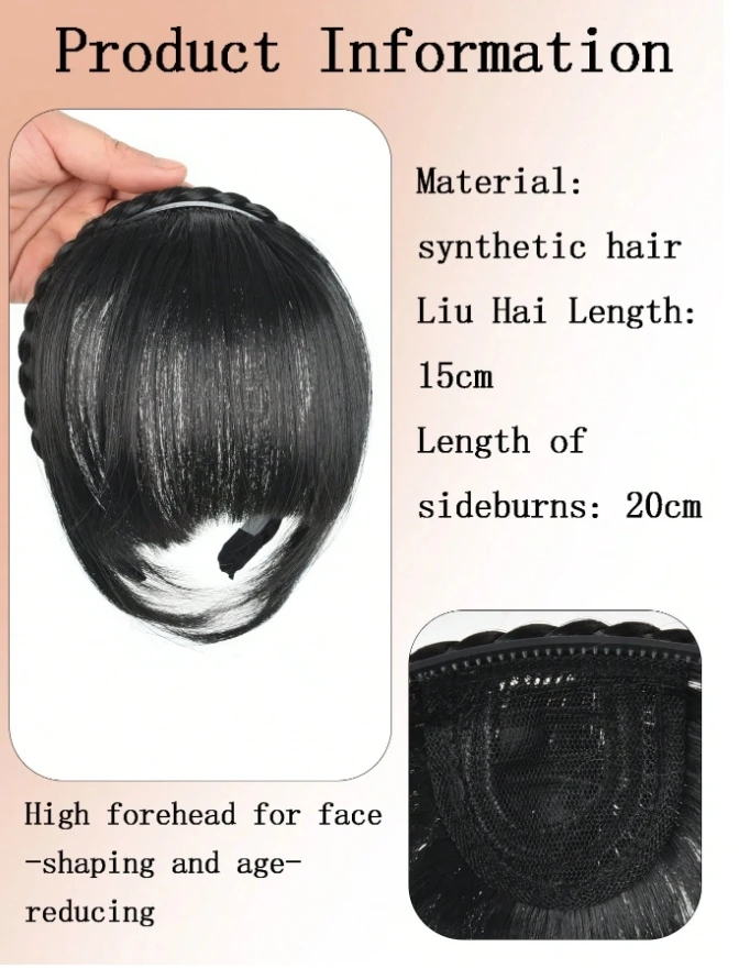 Hair Bangs With Braided Headband Hair Hoop Synthetic Extensions Elegant For Bangs, Black And Brown Synthetic Light Airy Bangs Wi