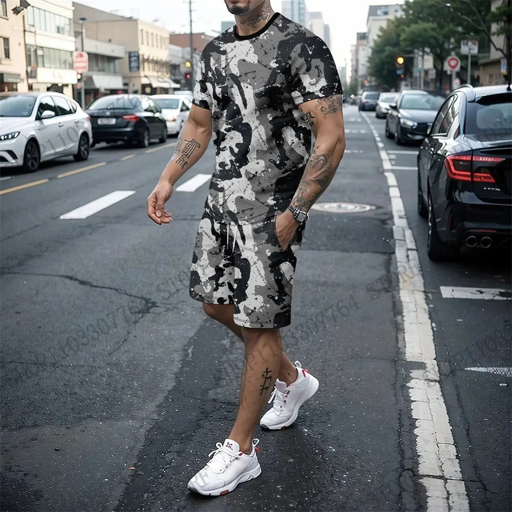 Men T-shirt Sets Tactical Camouflage 3d Print T-shirt+Shorts 2Pcs Set Outdoor Camo Tracksuit Suit Men Clothing Fitness Running - view 6
