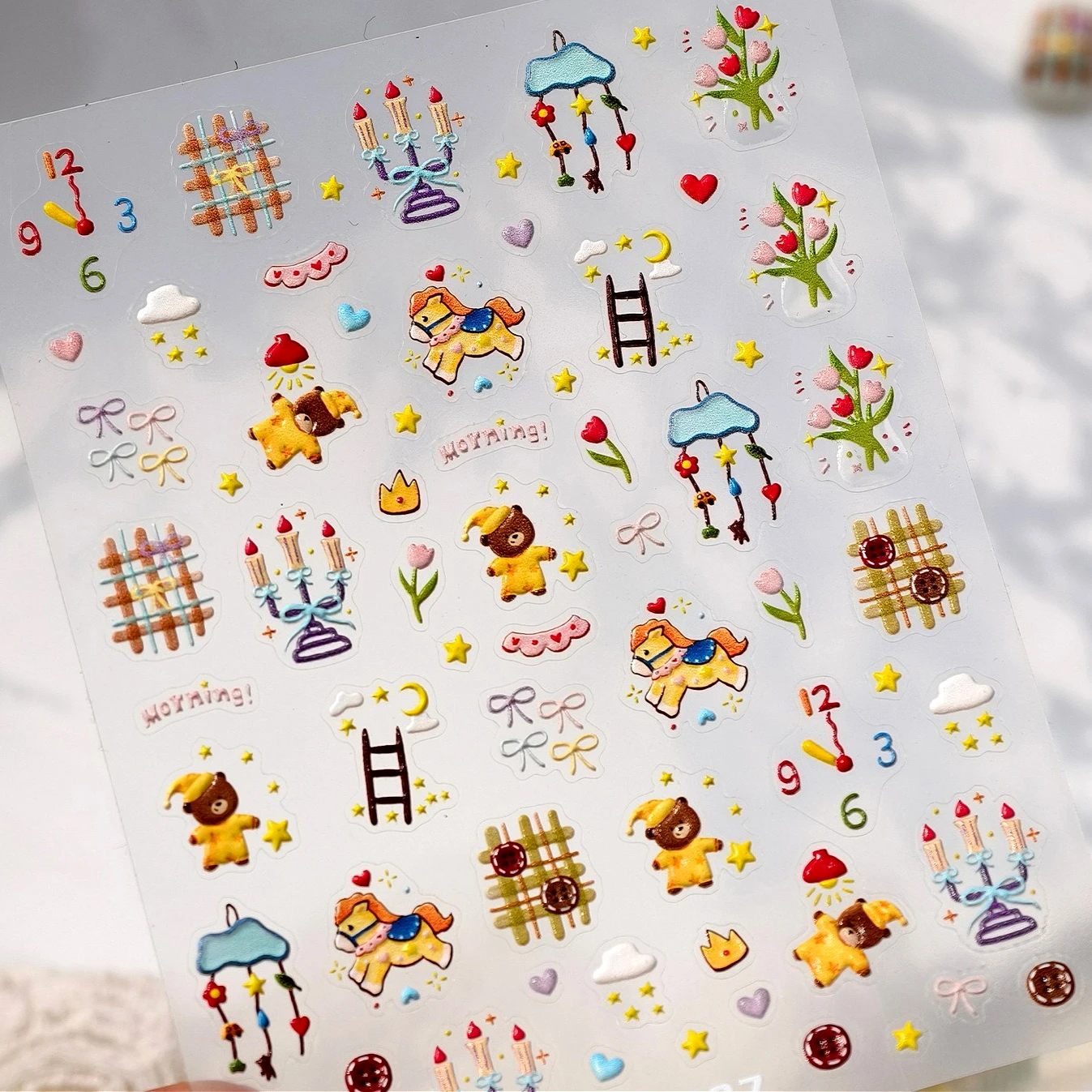 

Lovely Pony Star Moon Yellow Bear Tulip Flowers Wind Chime Candle Love Heart Ladder Cloud Bowknot Grid Nail Art Stickers Decals