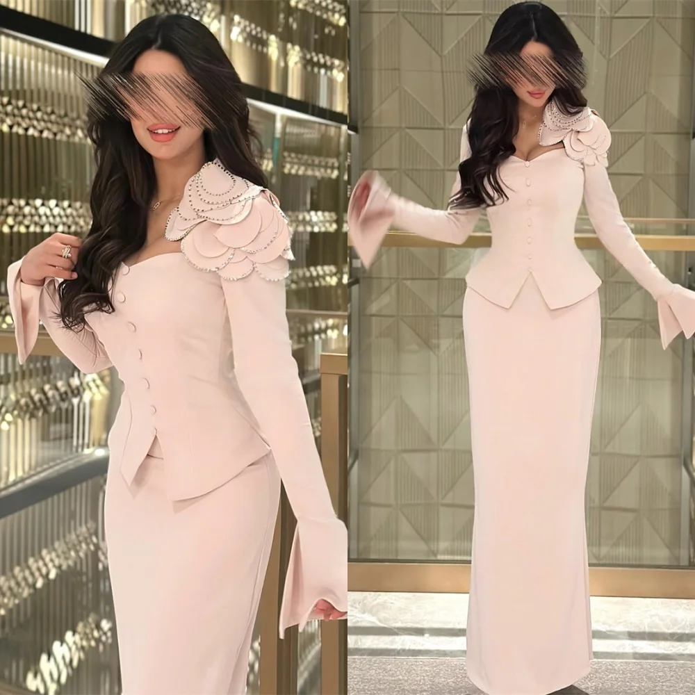 

Customized Elegant Pink Jersey Evening Dress Formal Strapless Long Sleeves Homecoming Dresses Exquisite Flowers Prom Dress