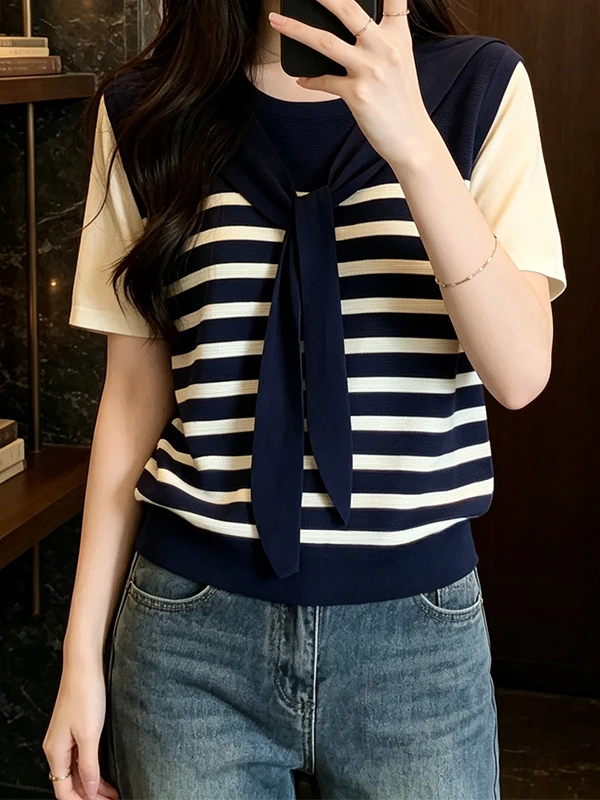 

Loose round Neck Short Sleeve Striped Knitted T-Shirt for plus Size Women Summer New Style Korean Style Breathable Casual Top