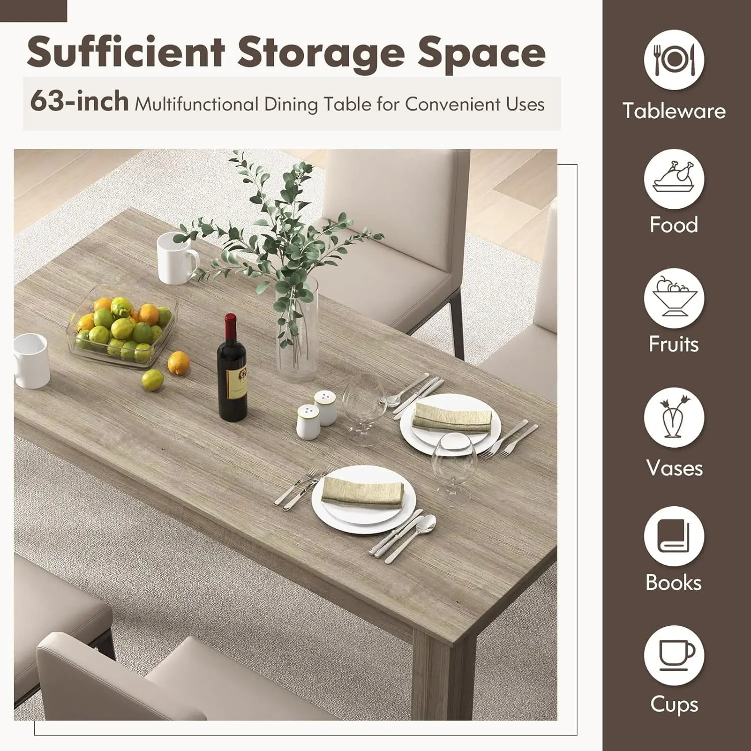 Dining Table, Modern Dining Room Table for 4-6 People, 63" Rectangular Dinner Table w/Heavy Duty Legs, Spacious Desktop, Farmhou