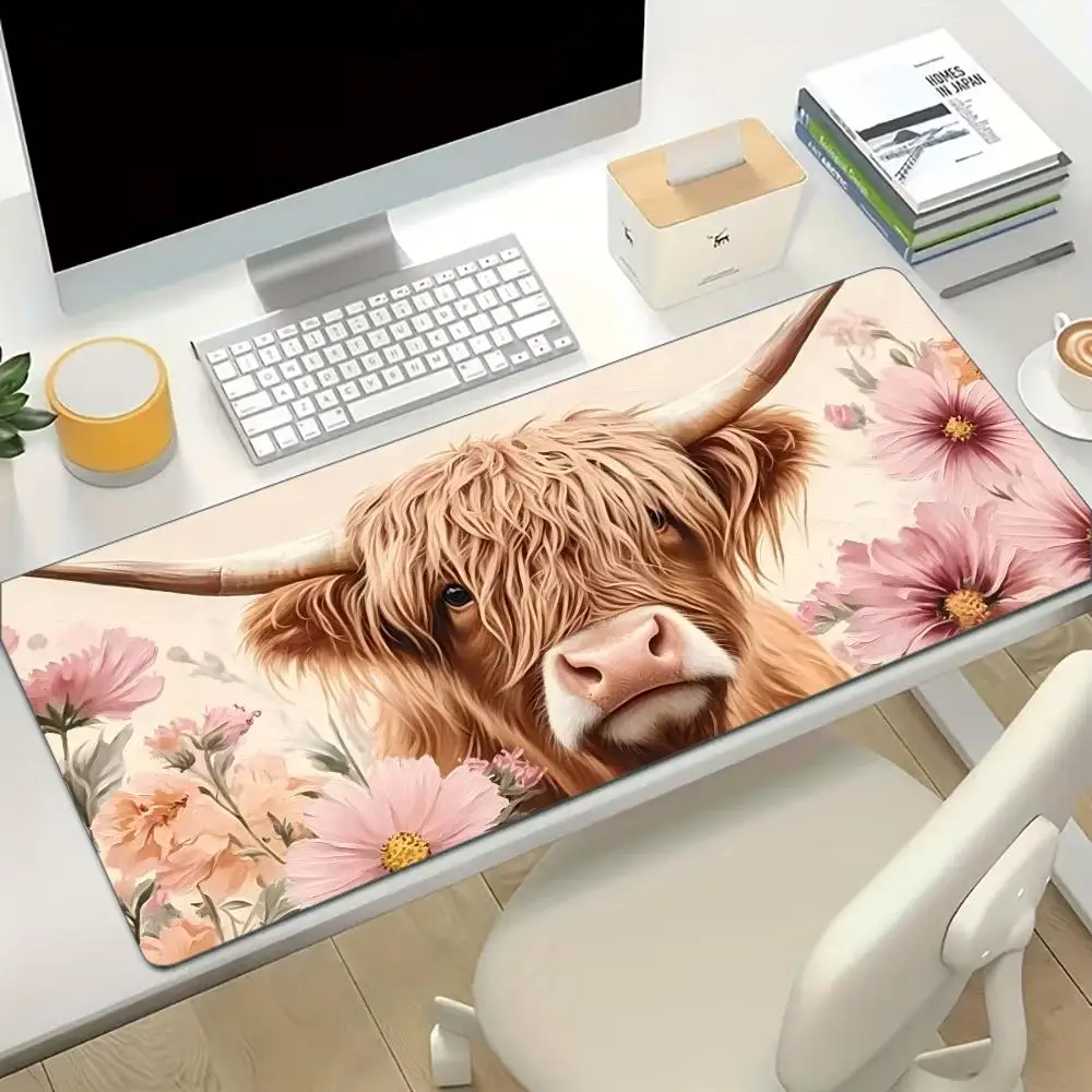 Highland Cow Pink Floral Large Desk Mat Non Slip Stitched Edge Aesthetic Gaming Mouse Pad Laptop Office Desktop Pad