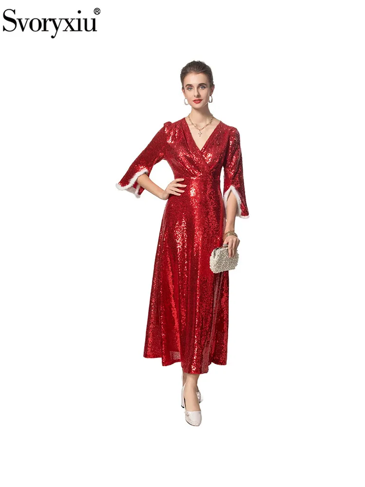 

Svoryxiu Fashion Runway Autumn Party Red Elegant Long Dress Women's V-Neck Short Plush Long Sleeve Gorgeous Sequins A-Line Dress